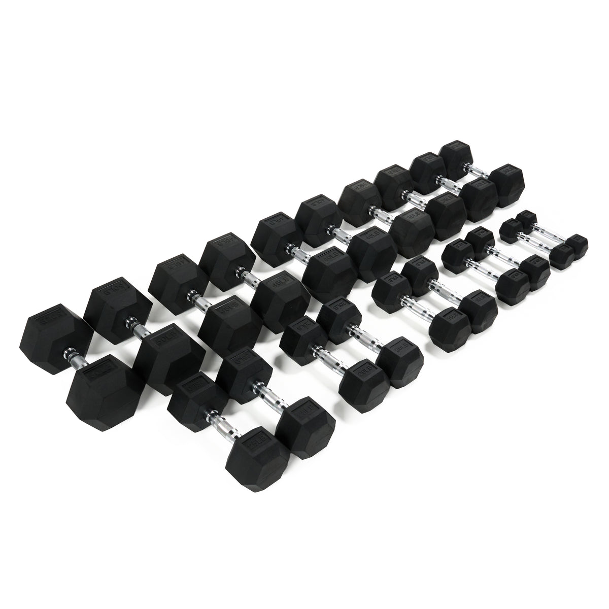 Black rubber hex dumbbells with chrome handles arranged diagonally on a white background.