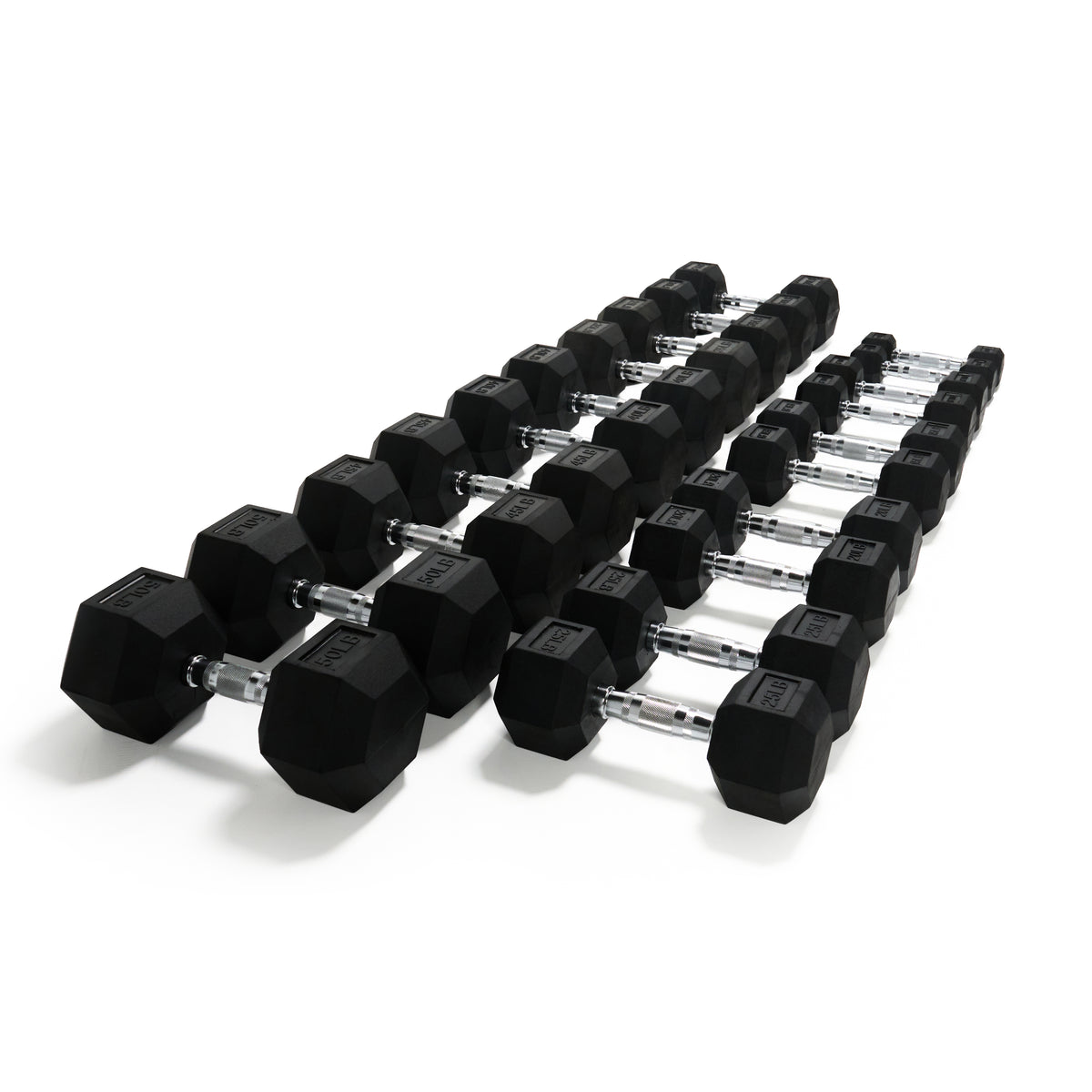 Black rubber hex dumbbells lined up in perspective, showing larger and smaller weights with chrome grips.