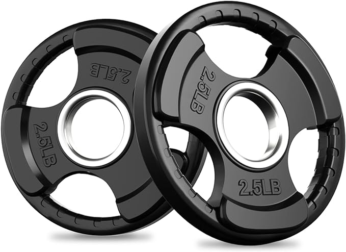 Black 2.5 lb rubber Olympic weight plates with three-hole grip design and metal center inserts on a white background.