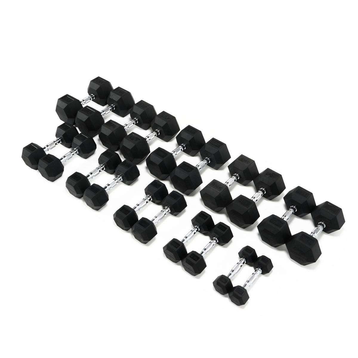 Rubber hex dumbbells arranged in two parallel rows, showing different sizes and chrome handles.