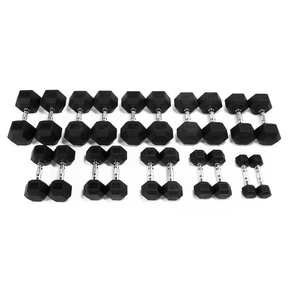 Assorted black rubber hex dumbbells with chrome handles arranged in grouped rows at an angle.