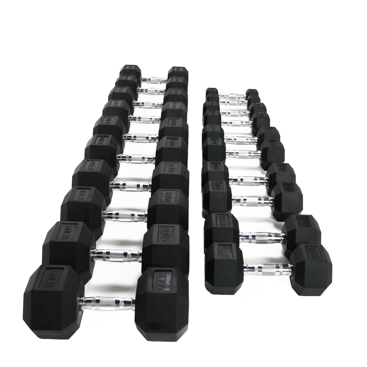 Overhead view of black rubber hex dumbbells arranged in rows, showing multiple weights and chrome handles.