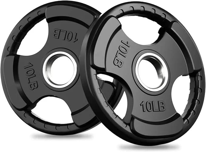 Black 10 lb rubber Olympic weight plates with three-hole grip design and metal center inserts on a white background.