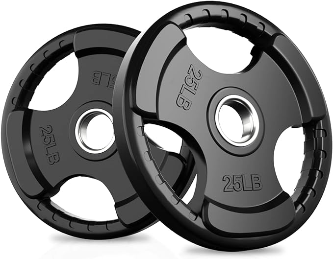 Black 25 lb rubber Olympic weight plates with three-hole grip design and metal center inserts on a white background.