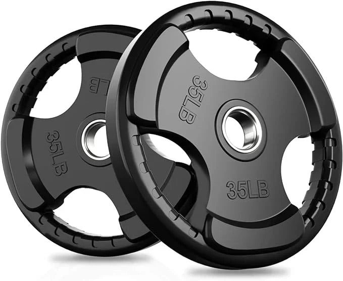 Black 35 lb rubber Olympic weight plates with three-hole grip design and metal center inserts on a white background.