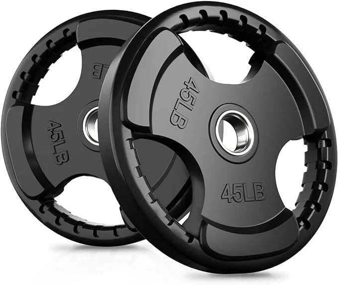 Black 45 lb rubber Olympic weight plates with three-hole grip design and metal center inserts on a white background.