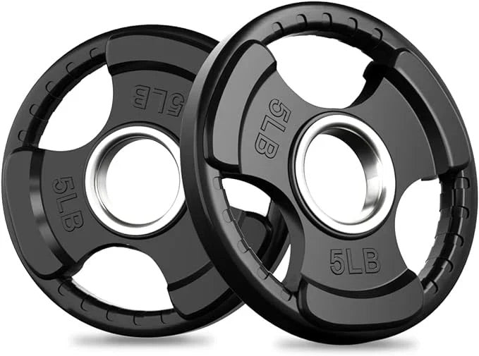 Black 5 lb rubber Olympic weight plates with three-hole grip design and metal center inserts on a white background.