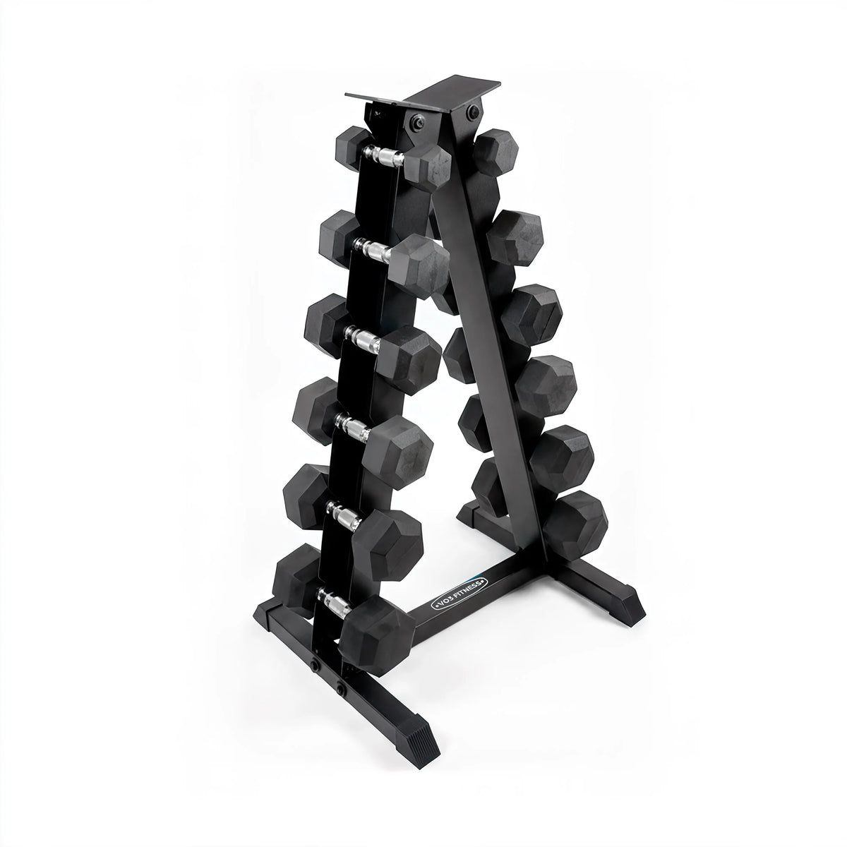 Six pairs of black rubber hex dumbbells ranging from 5 to 30 lb on a compact steel A-frame storage rack.