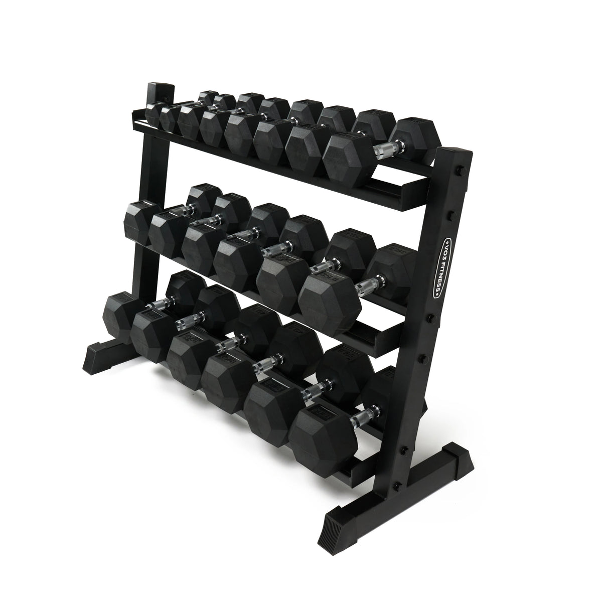 Rubber hex dumbbell set from 5 to 50 lb displayed on a heavy-duty three-tier steel rack, viewed from an angle.