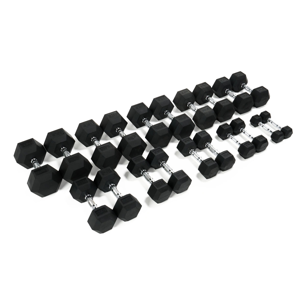 Black rubber hex dumbbell set from 5 to 50 lb arranged diagonally, featuring chrome knurled handles.