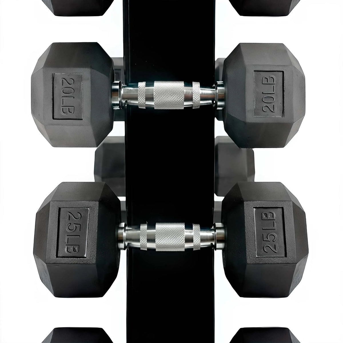 Close-up of 20 lb and 25 lb rubber hex dumbbells with textured chrome handles and molded weight markings
