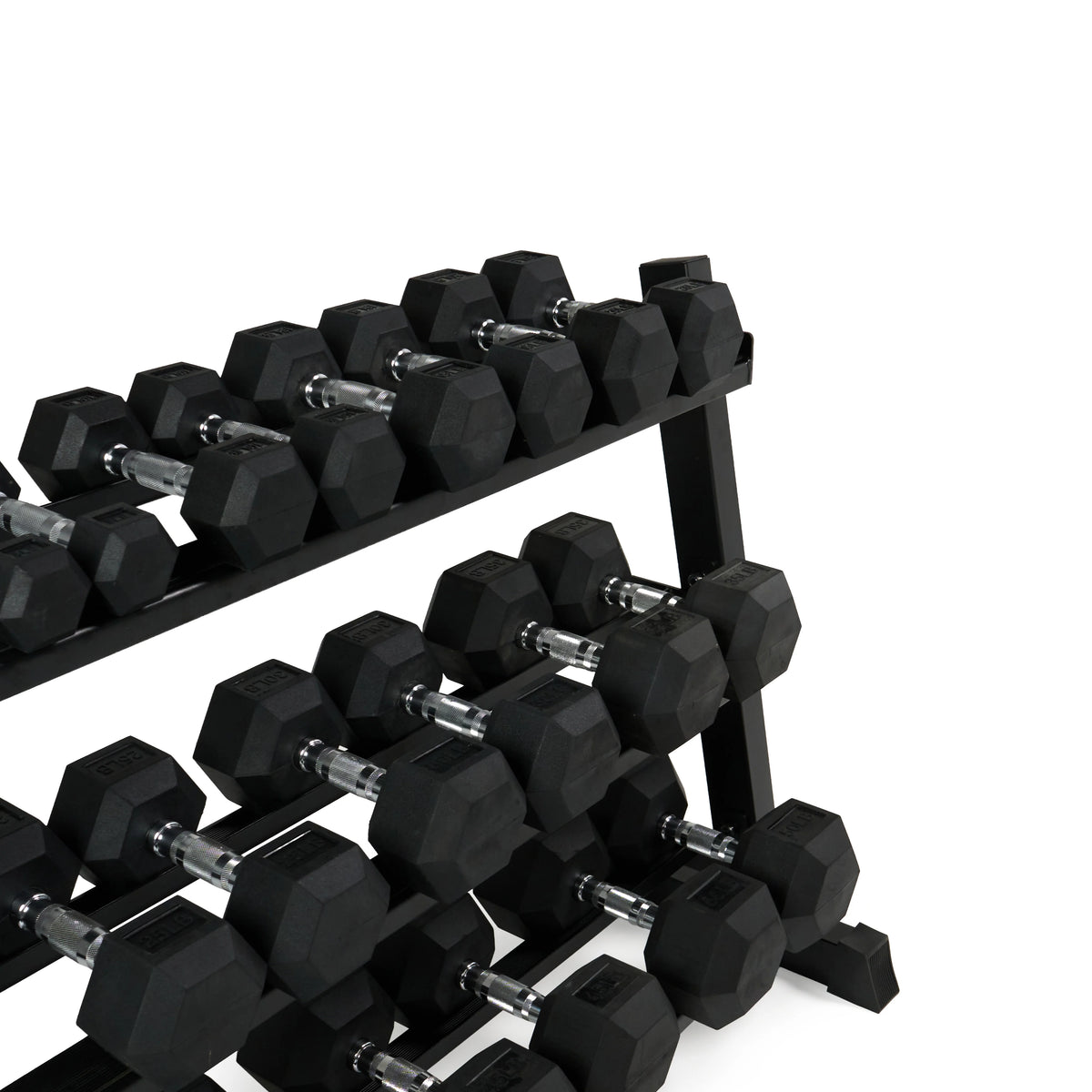 Close-up of black rubber hex dumbbells with textured chrome handles arranged on a three-tier steel storage rack.